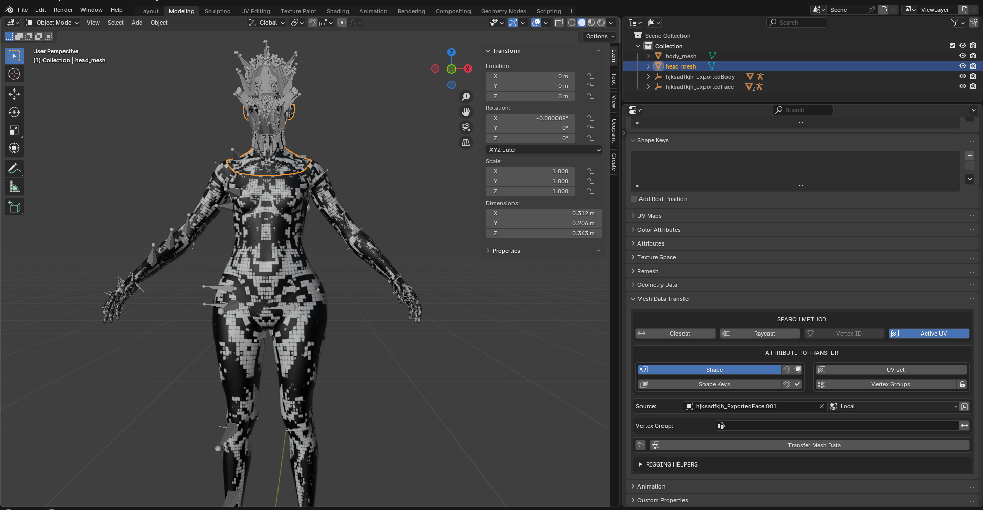 In Blender, I used the Mesh Data Transfer add-on to ensure the sculpted MetaHuman mesh shares the same skeletal structure as the original MetaHuman, preserving correct facial deformation and animation.